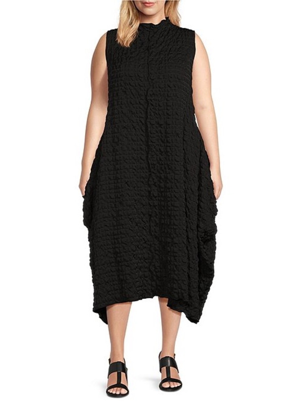 IC COLLECTION Black Textured Asymmetrical Midi Dress